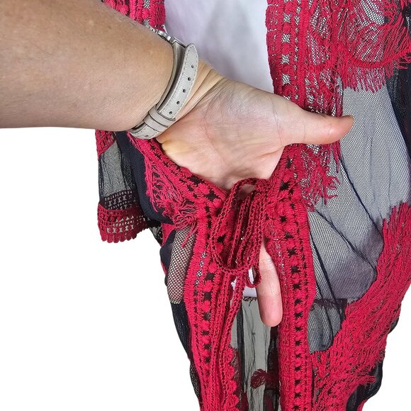 Negs Sheer Black & Red Lace Kimono Cardigan Coverup OS Whimsigoth Baddie Sexy - Picture 4 of 9